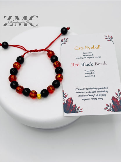 18K Gold Cats Eye Ball Baby/Kids Red Chinese & Black Stone Bracelet