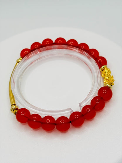 18K Gold Lucky Piyao/ Pi Xiu Red Agate Bracelet ( Hollow Empty Inside) SMALL PIYAO