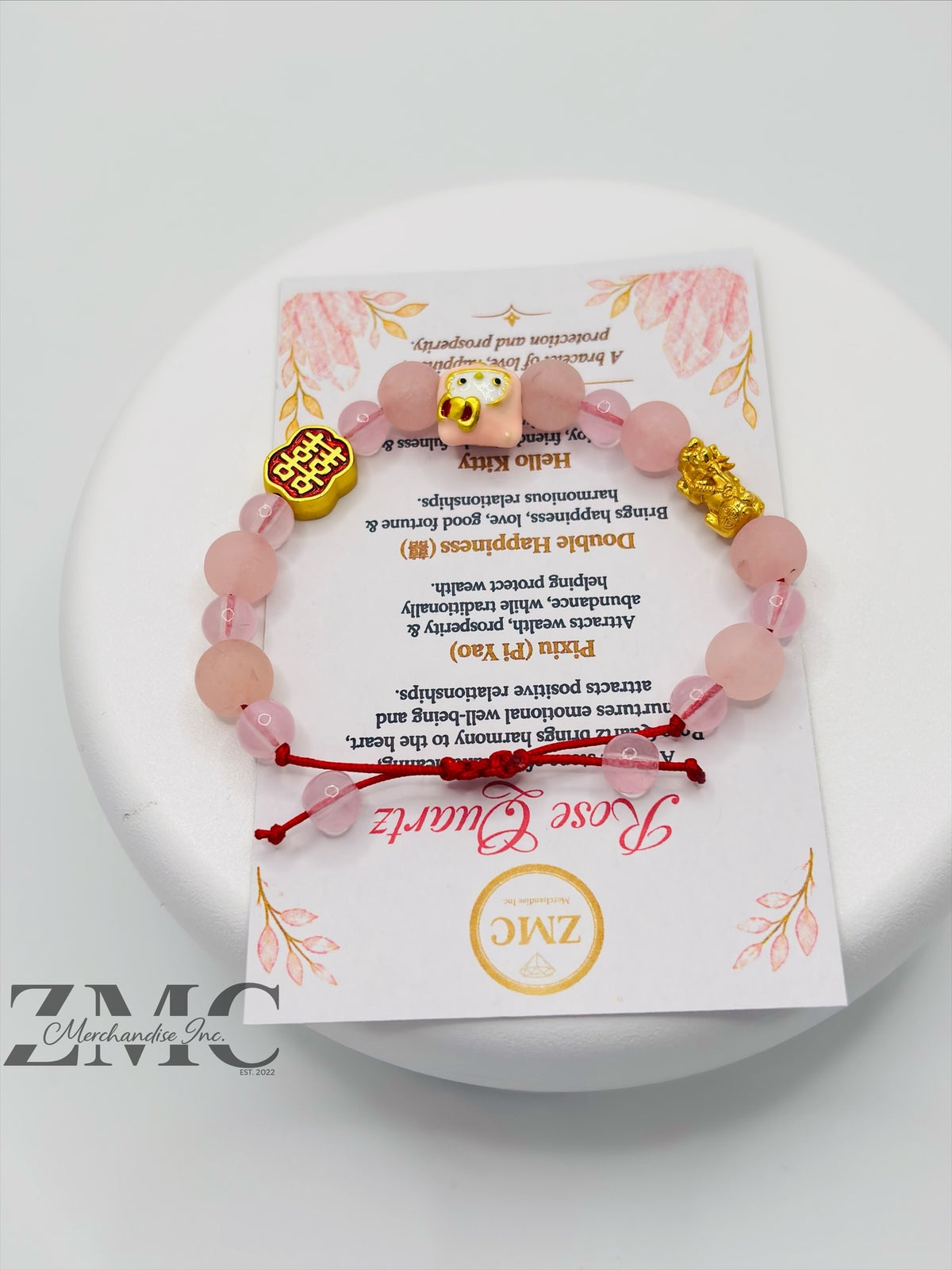 18K Gold  Lucky Piyao/ Pi Xiu Rose Quartz Matte Stone HK Kids Bracelet  ( Hollow Empty Inside) Small