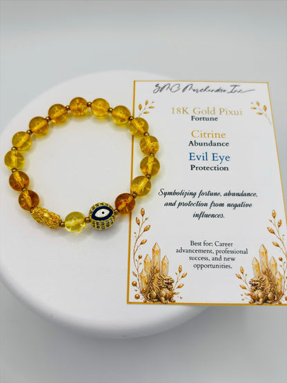 18K Gold Lucky Piyao/ Pi Xiu Citrine Evil Eye Bracelet ( Hollow Empty Inside) Small