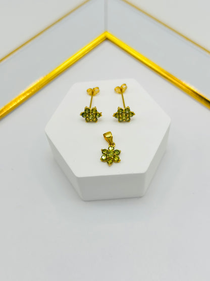 18K Gold Flower Stone Earrings and Pendant Set (Green)