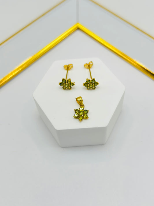 18K Gold Flower Stone Earrings and Pendant Set (Green)