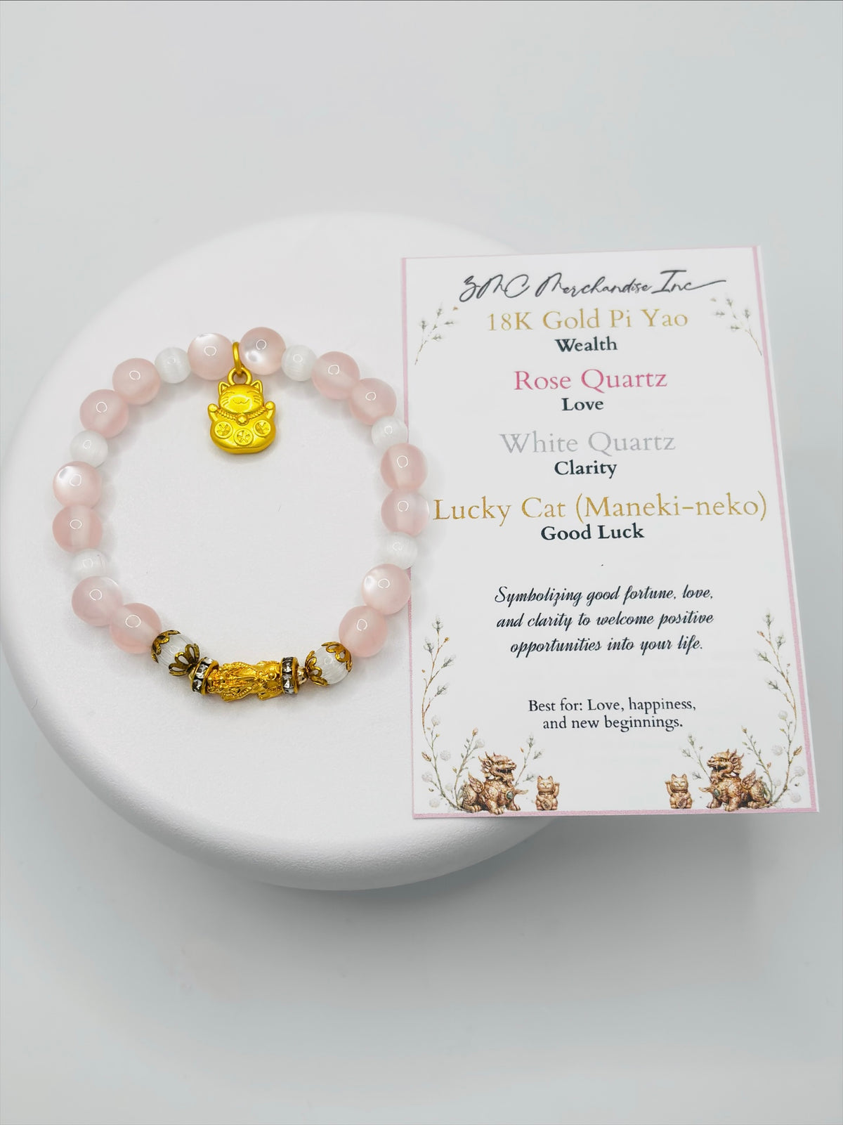 18K Gold Lucky Piyao/ Pi Xiu Rose, White Quartz Bracelet ( Hollow Empty Inside) SMALL PIYAO