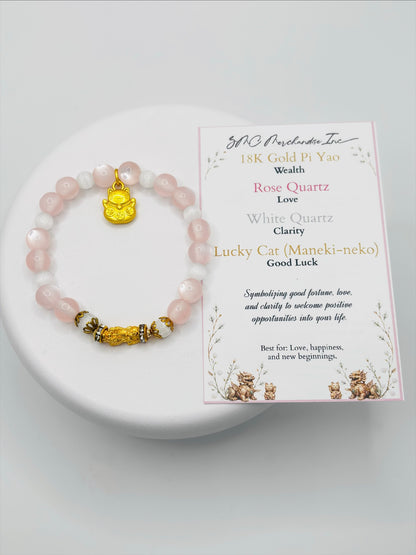 18K Gold Lucky Piyao/ Pi Xiu Rose, White Quartz Bracelet ( Hollow Empty Inside) SMALL PIYAO