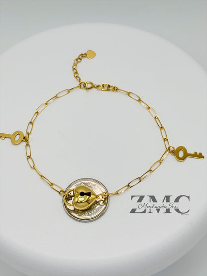 18K Gold Heart and Key Bracelet