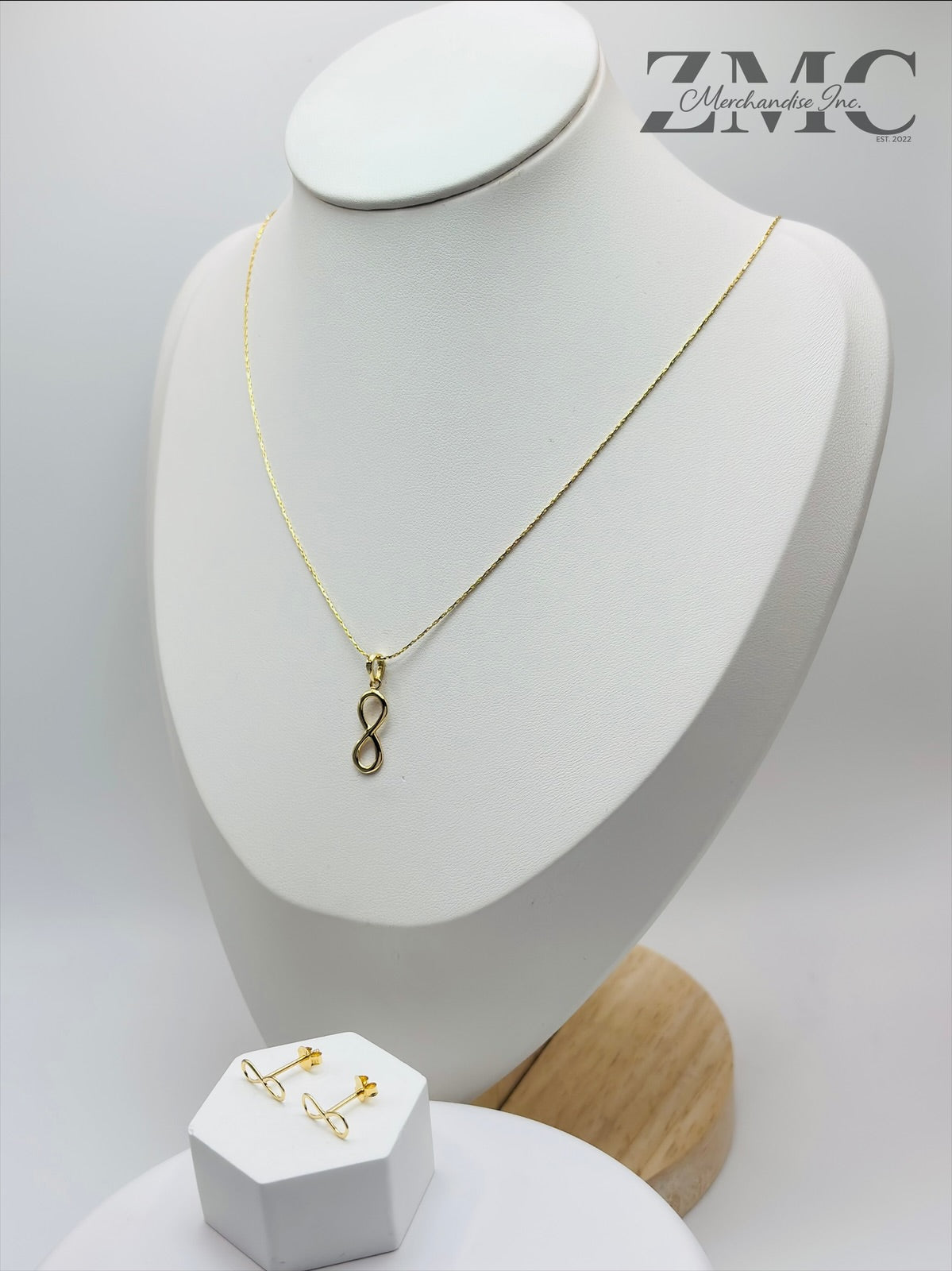 18K Gold Infinity Earrings and Necklace Set
