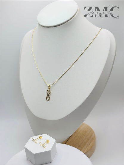 18K Gold Infinity Earrings and Necklace Set