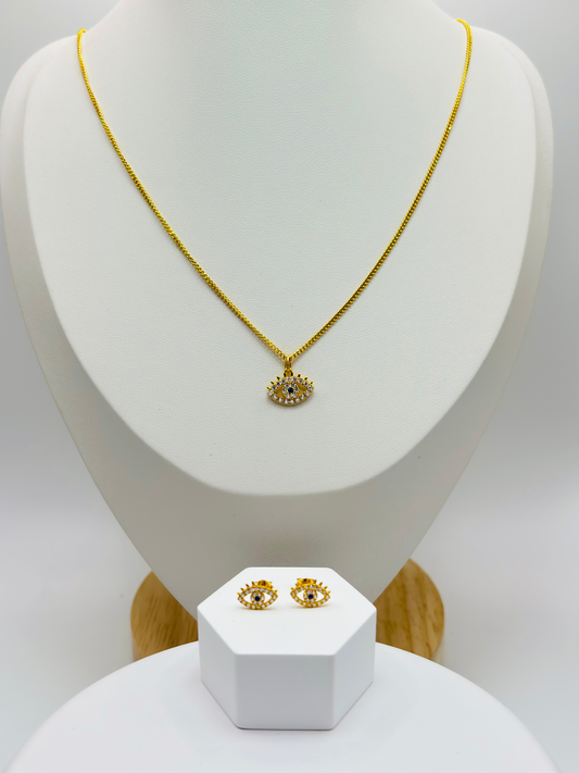 18K Gold Evil Eye Earrings and Necklace Set