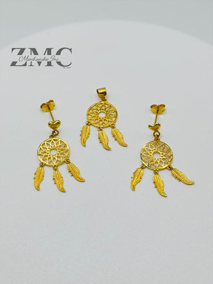 18K Gold dream Catcher Earrings and Pendant Set