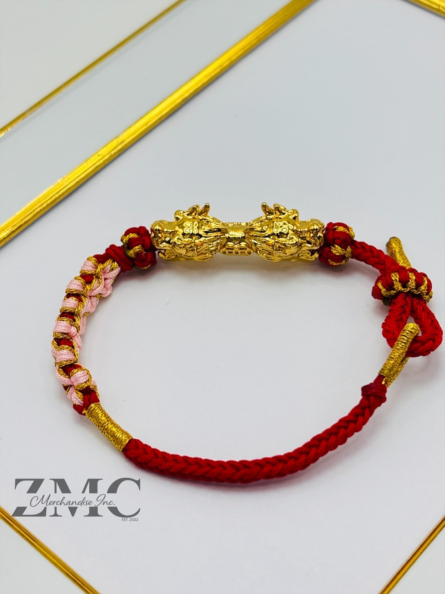 18K Gold Lucky Dragon Bracelet Red String ( Hollow Empty Inside) XXL