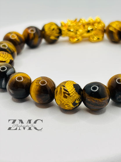 18K Gold Lucky Piyao/ Pi Xiu  Bracelet Tiger Eye Dragon Stone( Hollow Empty Inside) Extra Large Glossy