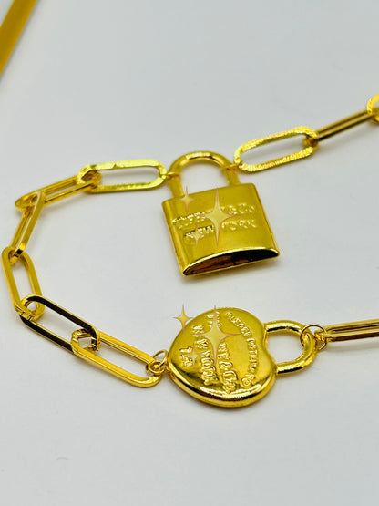 18K Gold Paperclip with Padlock and Heart Charm Necklace