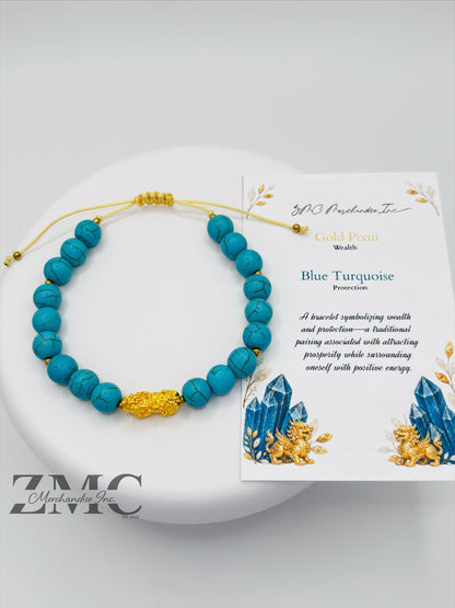 18K Gold Lucky Piyao/ Pi Xiu Blue Turquoise Bracelet ( Hollow Empty Inside) Medium