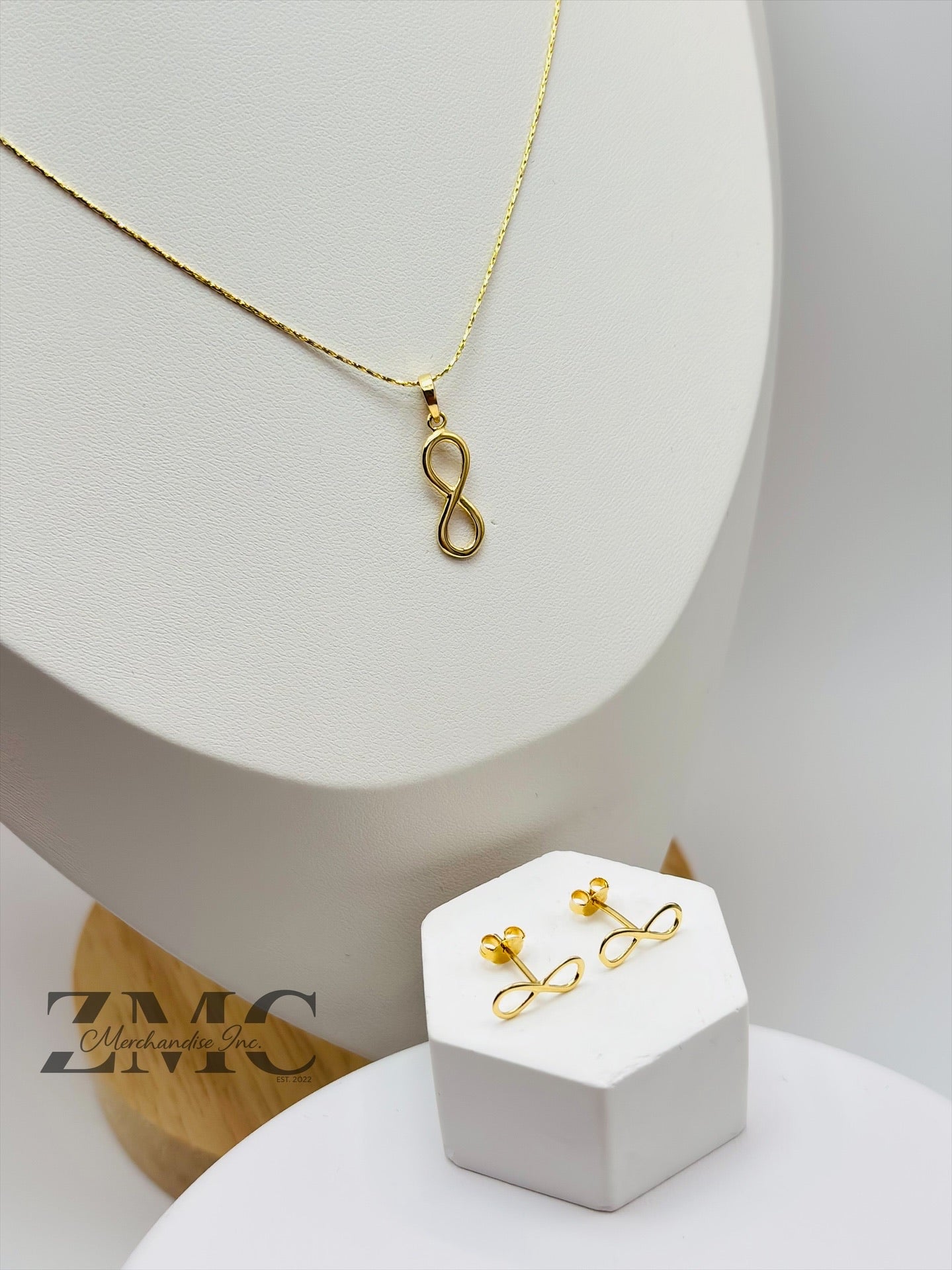 18K Gold Infinity Earrings and Necklace Set