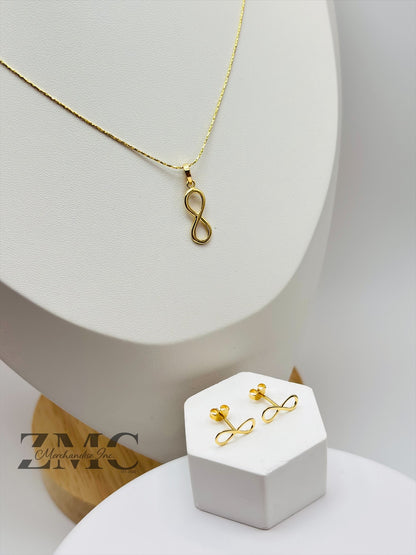 18K Gold Infinity Earrings and Necklace Set
