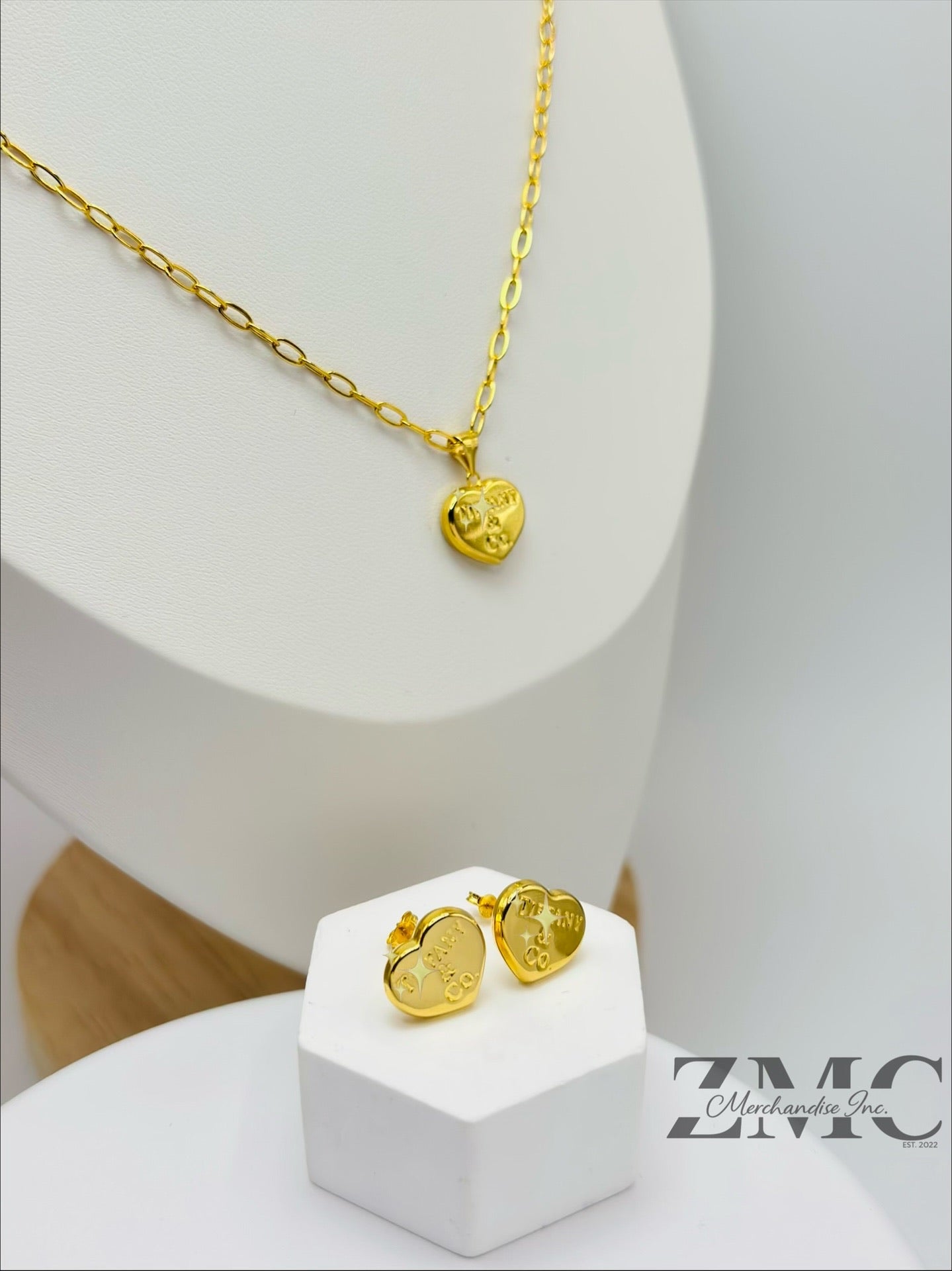 18K Gold Heart Earrings and Paperclip Necklace Set