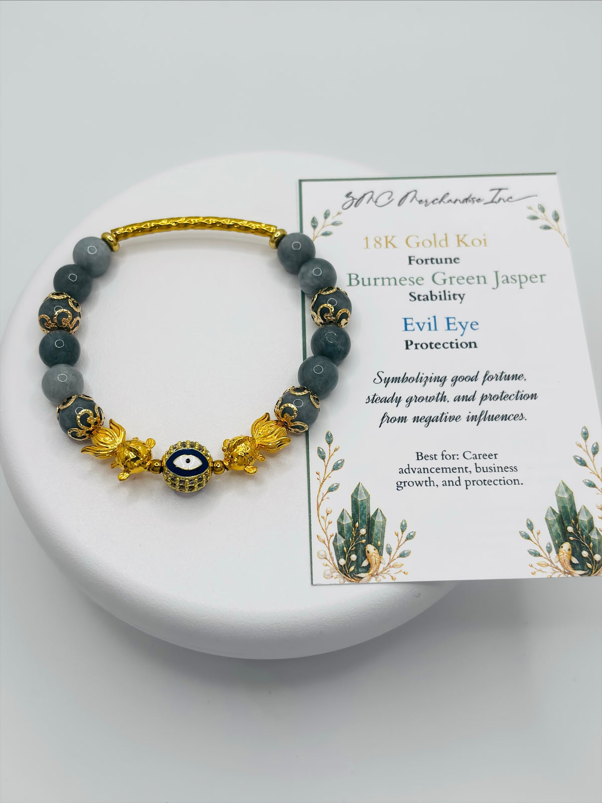 18K Gold Lucky Double Koi Fish Burmese Green Jasper Bracelet  ( Hollow Empty Inside)