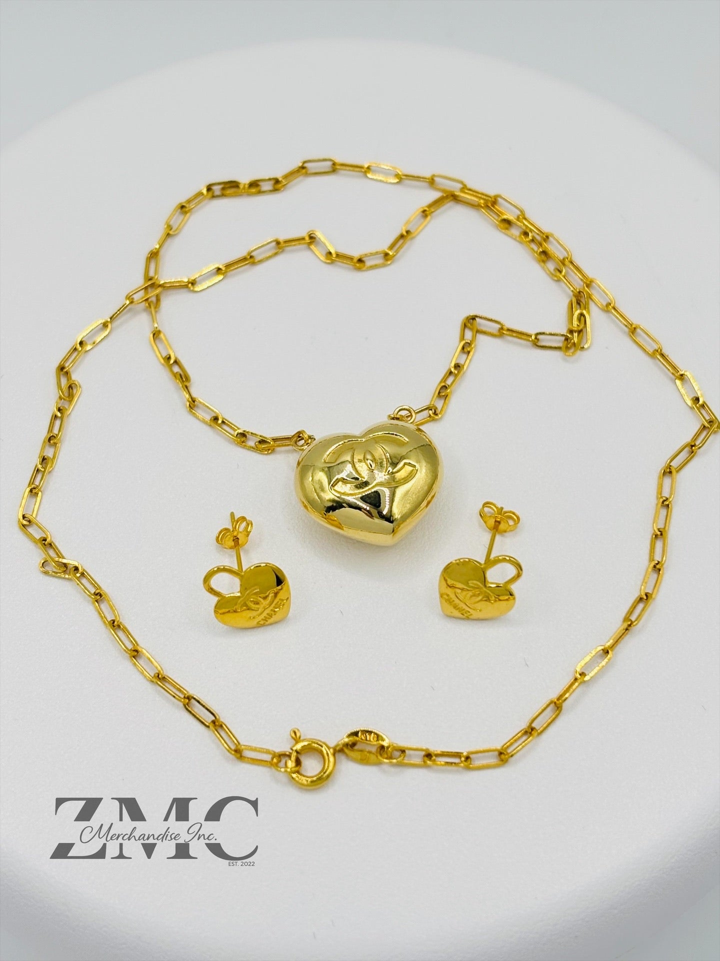 18K Gold Paperclip C Heart Earrings and Necklace Set