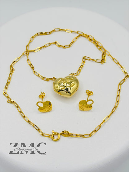 18K Gold Paperclip C Heart Earrings and Necklace Set