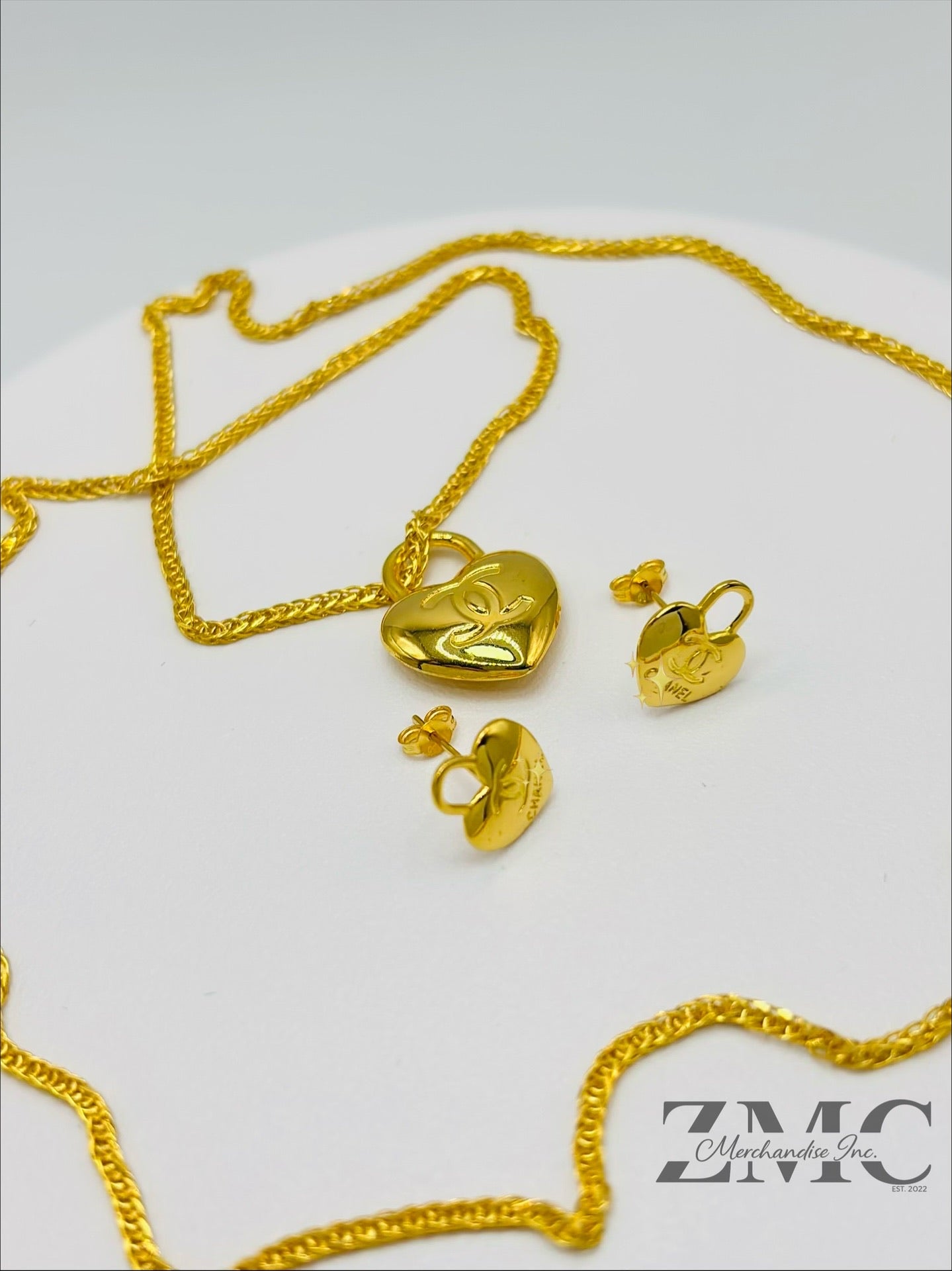 18K Gold C Heart Earrings and Necklace Set