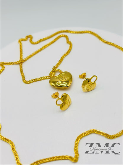 18K Gold C Heart Earrings and Necklace Set