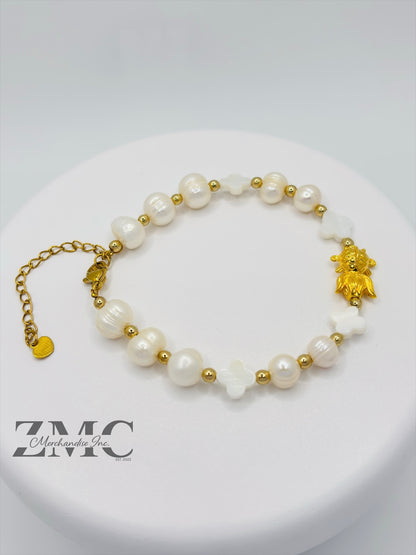 18K Gold Lucky Koi Fish Bracelet Fresh Water Pearl Stone ( Hollow Empty Inside)