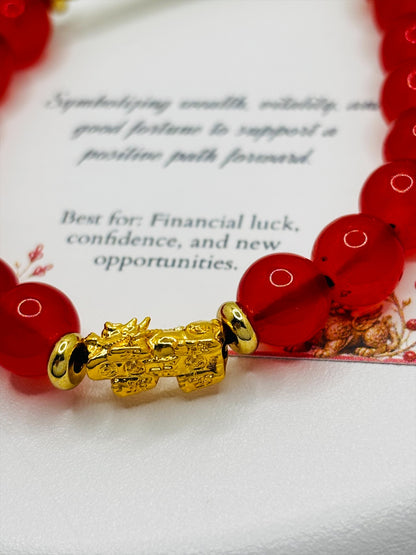 18K Gold Lucky Piyao/ Pi Xiu Red Agate Bracelet ( Hollow Empty Inside) SMALL PIYAO