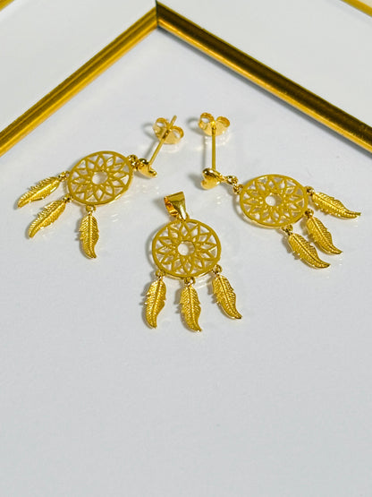 18K Gold dream Catcher Earrings and Pendant Set