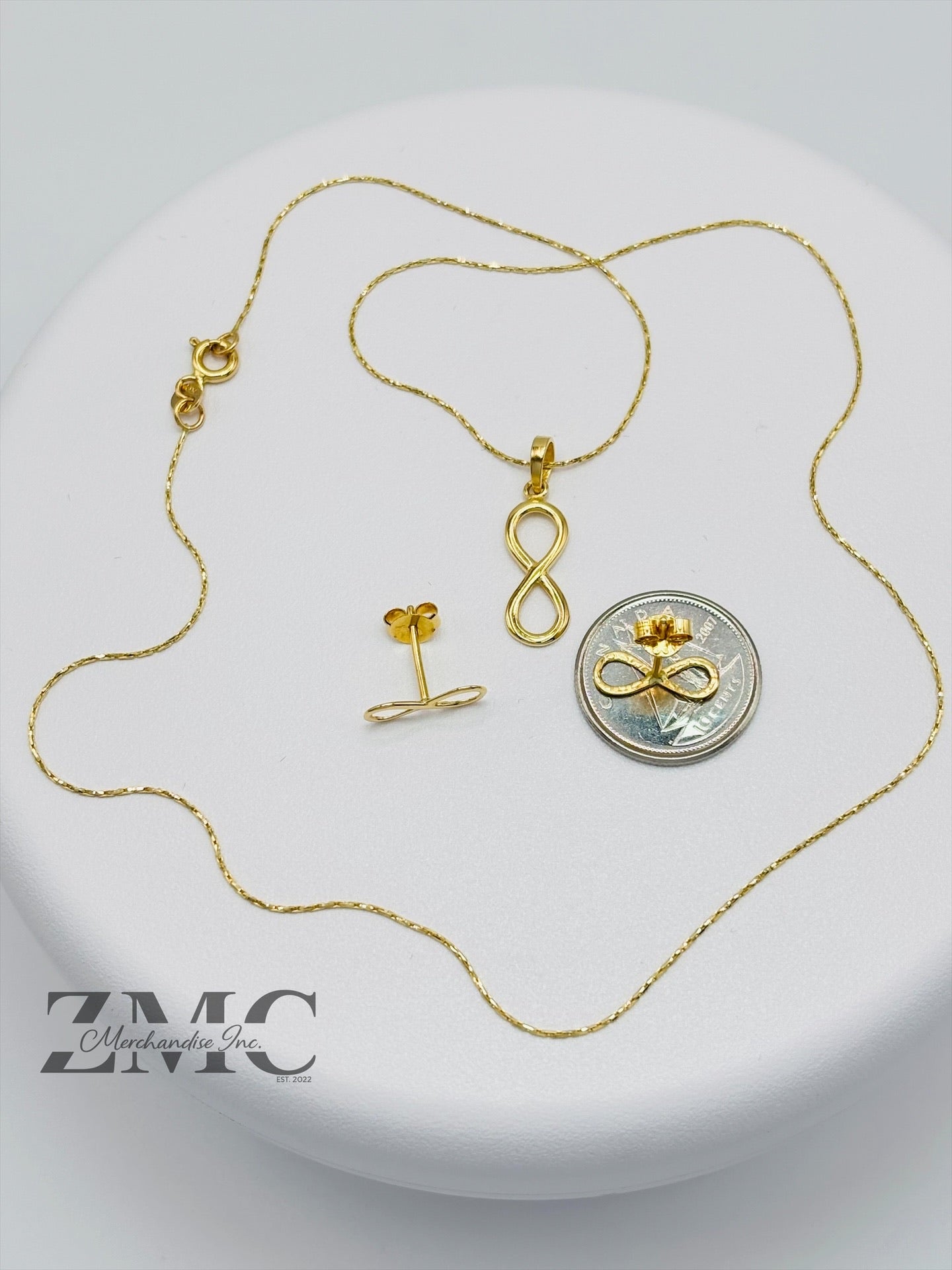 18K Gold Infinity Earrings and Necklace Set