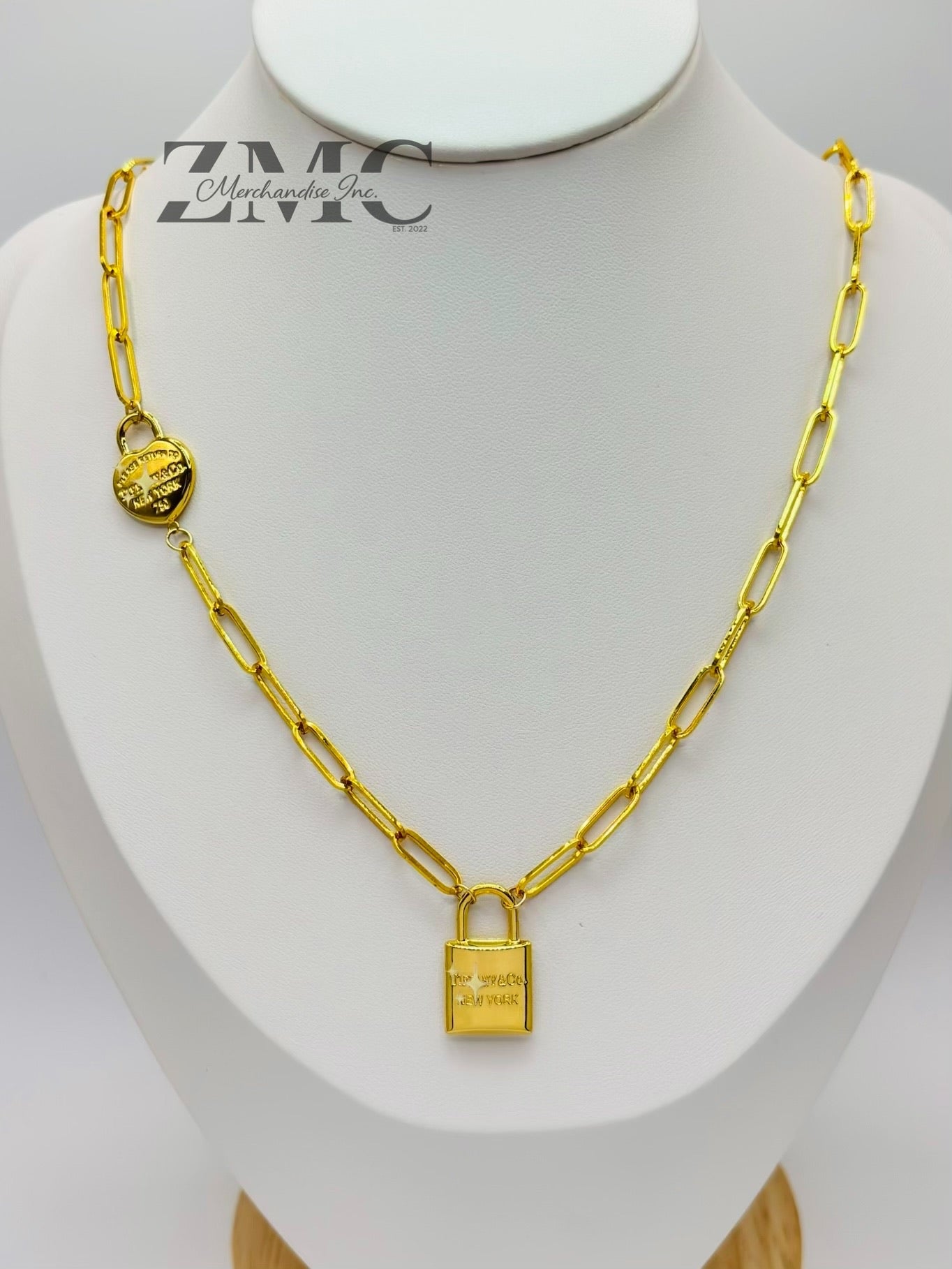 18K Gold Paperclip with Padlock and Heart Attached Necklace