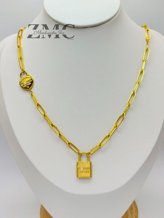 18K Gold Paperclip with Padlock and Heart Attached Necklace