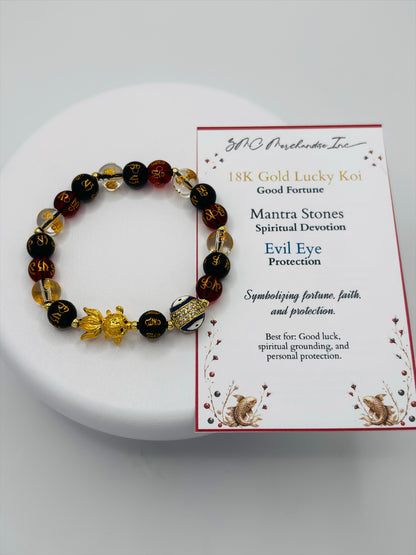 18K Gold Lucky  Koi Fish White/Black/Red Mantra Evil Eye Bracelet  ( Hollow Empty Inside)