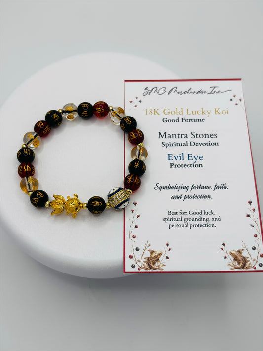 18K Gold Lucky  Koi Fish White/Black/Red Mantra Evil Eye Bracelet  ( Hollow Empty Inside)
