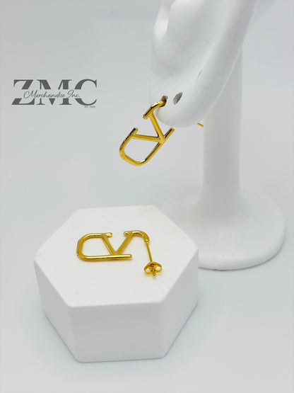 18K Gold V Stud Loop Earrings