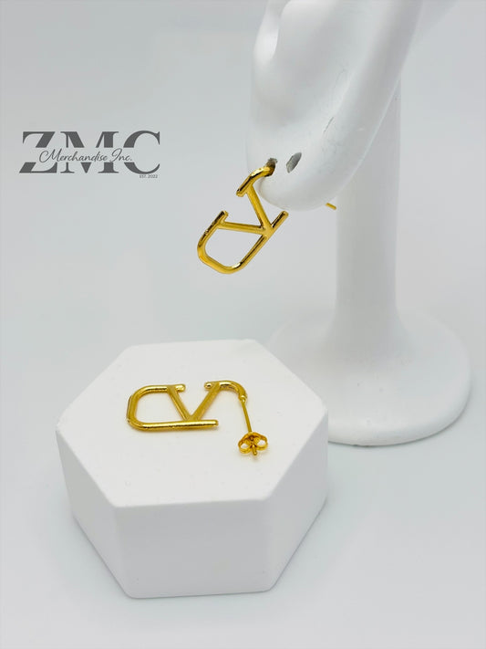 18K Gold V Stud Loop Earrings