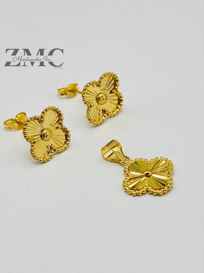 18K Gold Clover Earrings and Pendant Set 10 mm