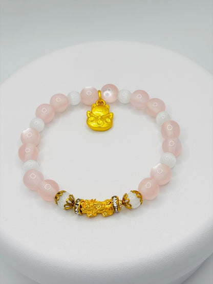 18K Gold Lucky Piyao/ Pi Xiu Rose, White Quartz Bracelet ( Hollow Empty Inside) SMALL PIYAO