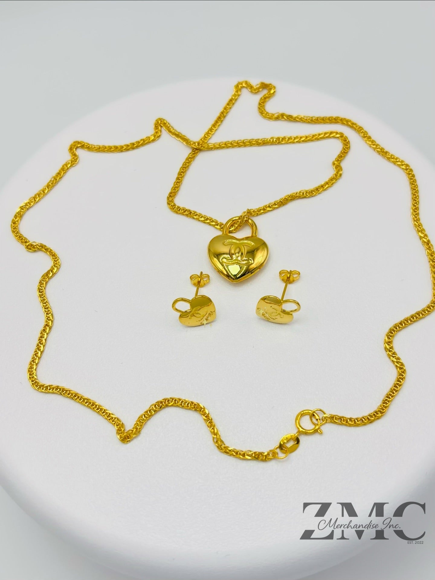 18K Gold C Heart Earrings and Necklace Set