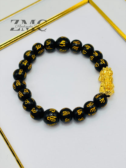 18K Gold Lucky Piyao/ Pi Xiu  Bracelet Black Mantra ( Hollow Empty Inside) Large