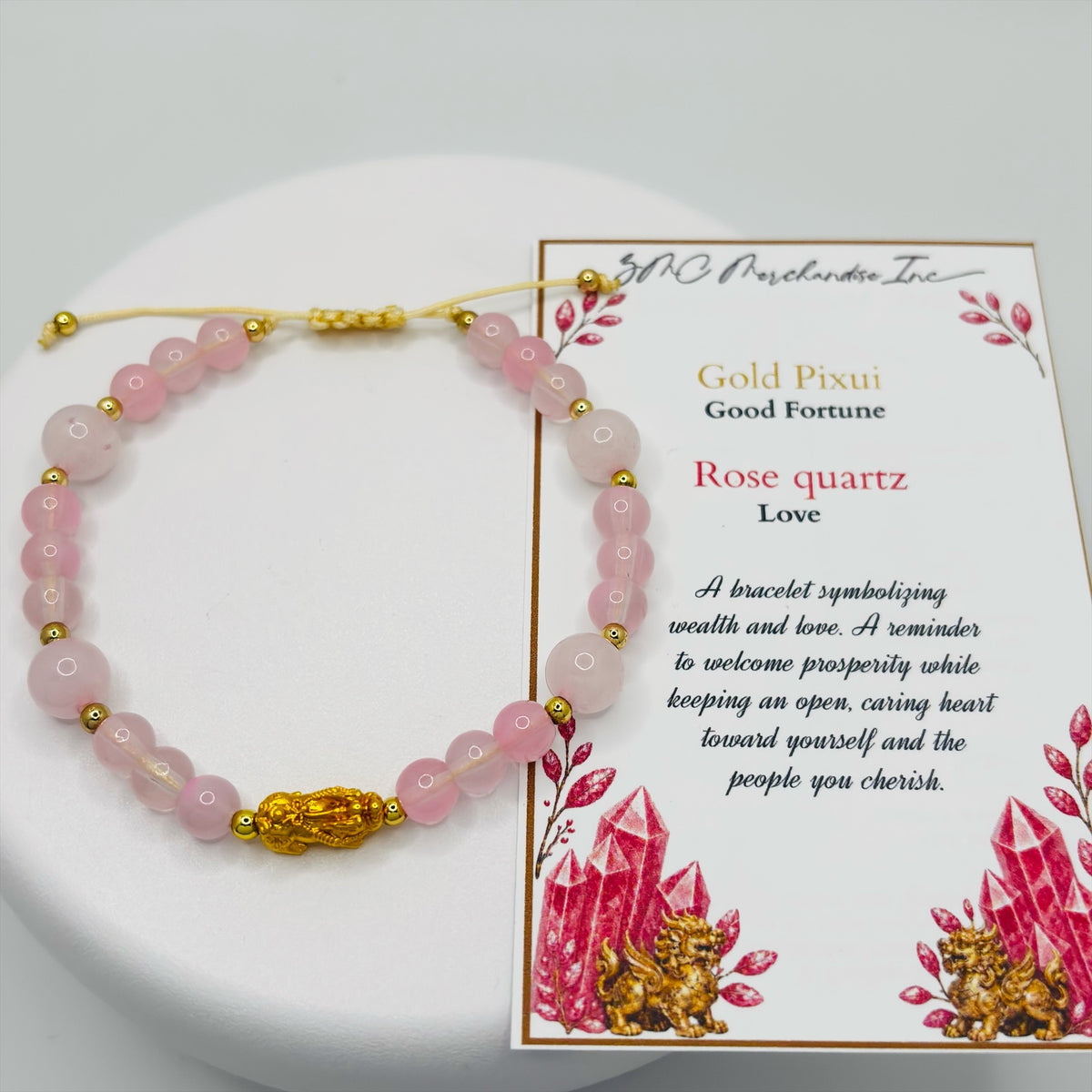 18K Gold Lucky Piyao/ Pi Xiu Rose Quartz String Bracelet ( Hollow Empty Inside) Small