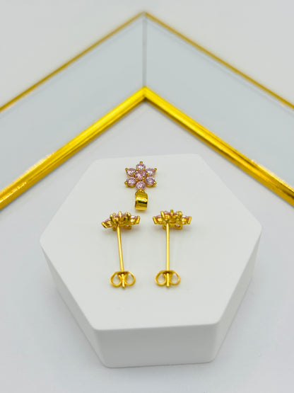 18K Gold Flower Stone Earrings and Pendant Set (Pink)