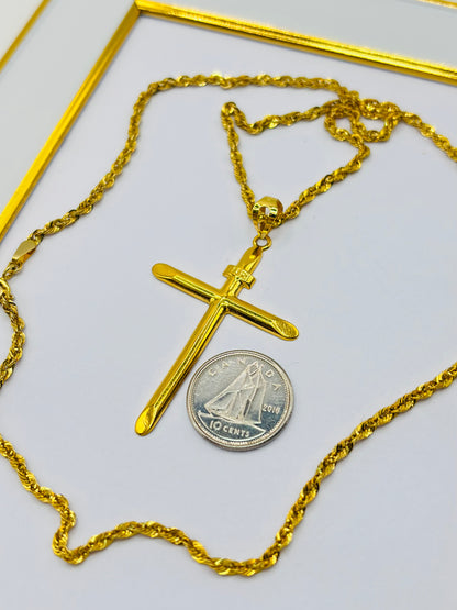 18K Gold Rope Chain with Cross Pendant Set