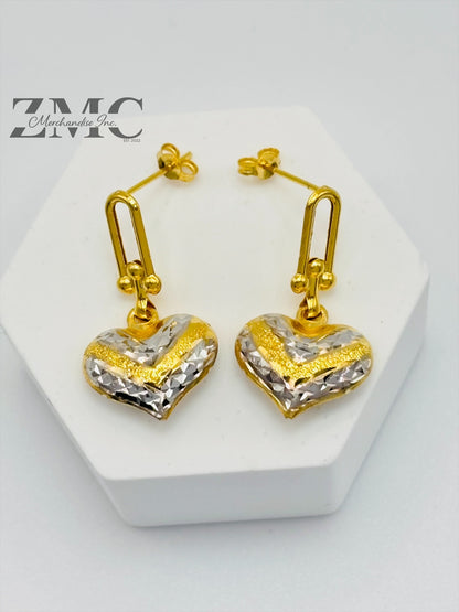18K Gold Heart Dangling Two-tone Earrings