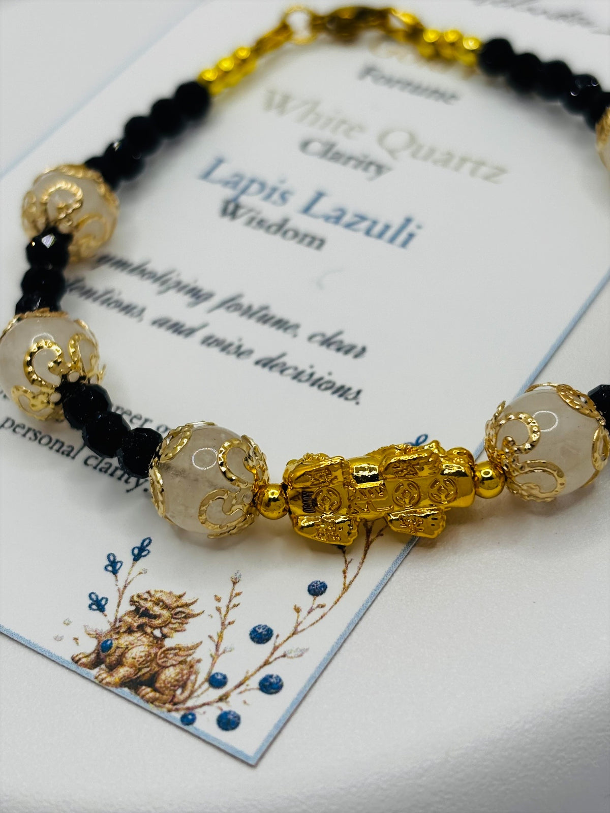 18K Gold Lucky Piyao/ Pi Xiu White Quartz, Lapis Lazuli Bracelet ( Hollow Empty Inside) Medium