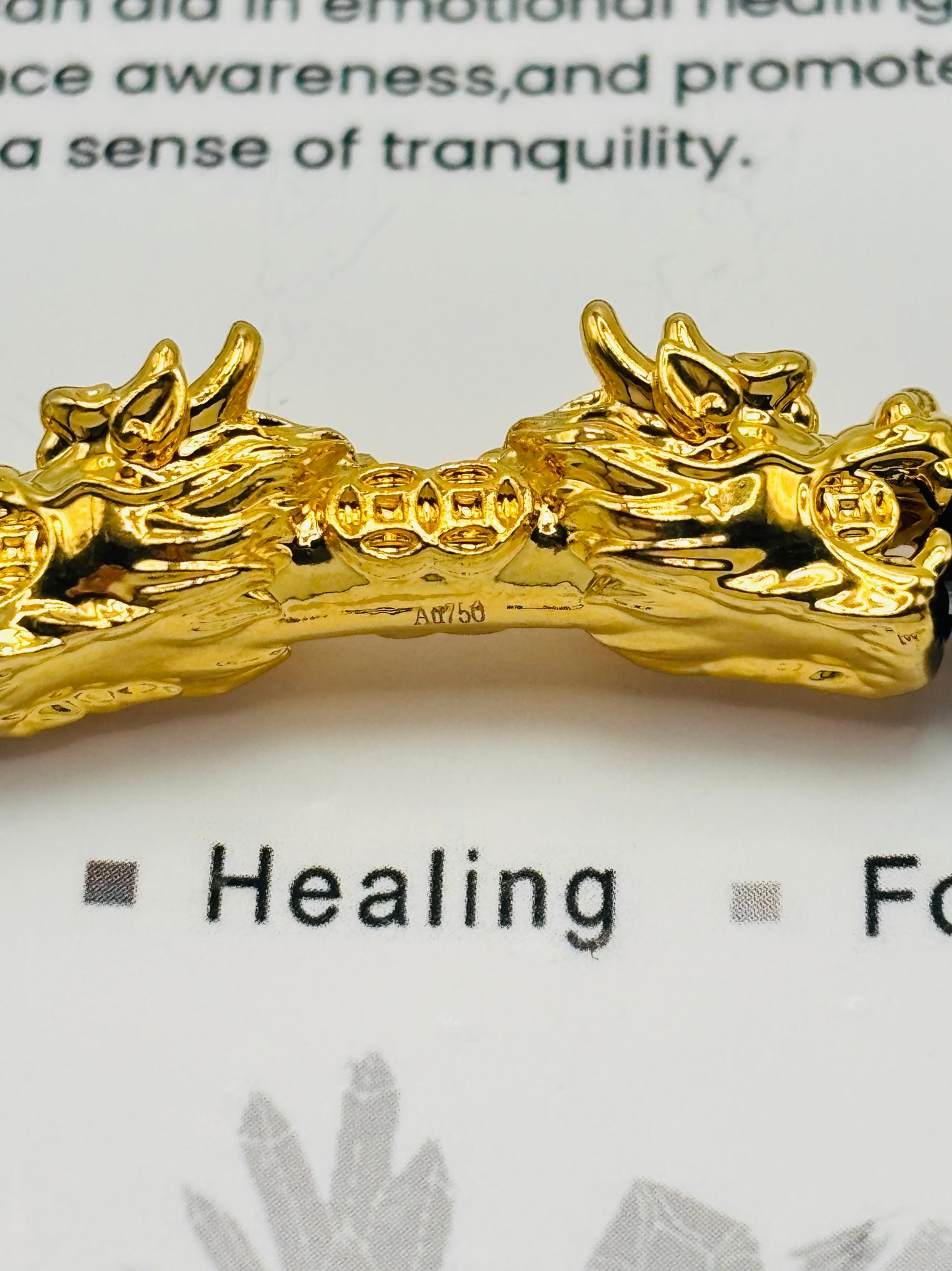 18K Gold Lucky Dragon Bracelet Howlite, Black Obsidian Stone ( Hollow Empty Inside) XXL