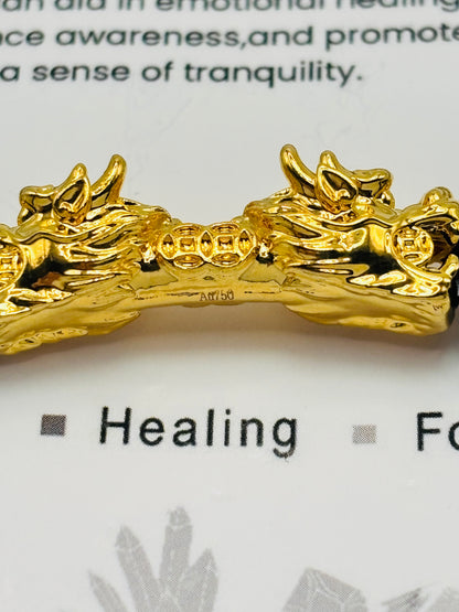 18K Gold Lucky Dragon Bracelet Howlite, Black Obsidian Stone ( Hollow Empty Inside) XXL