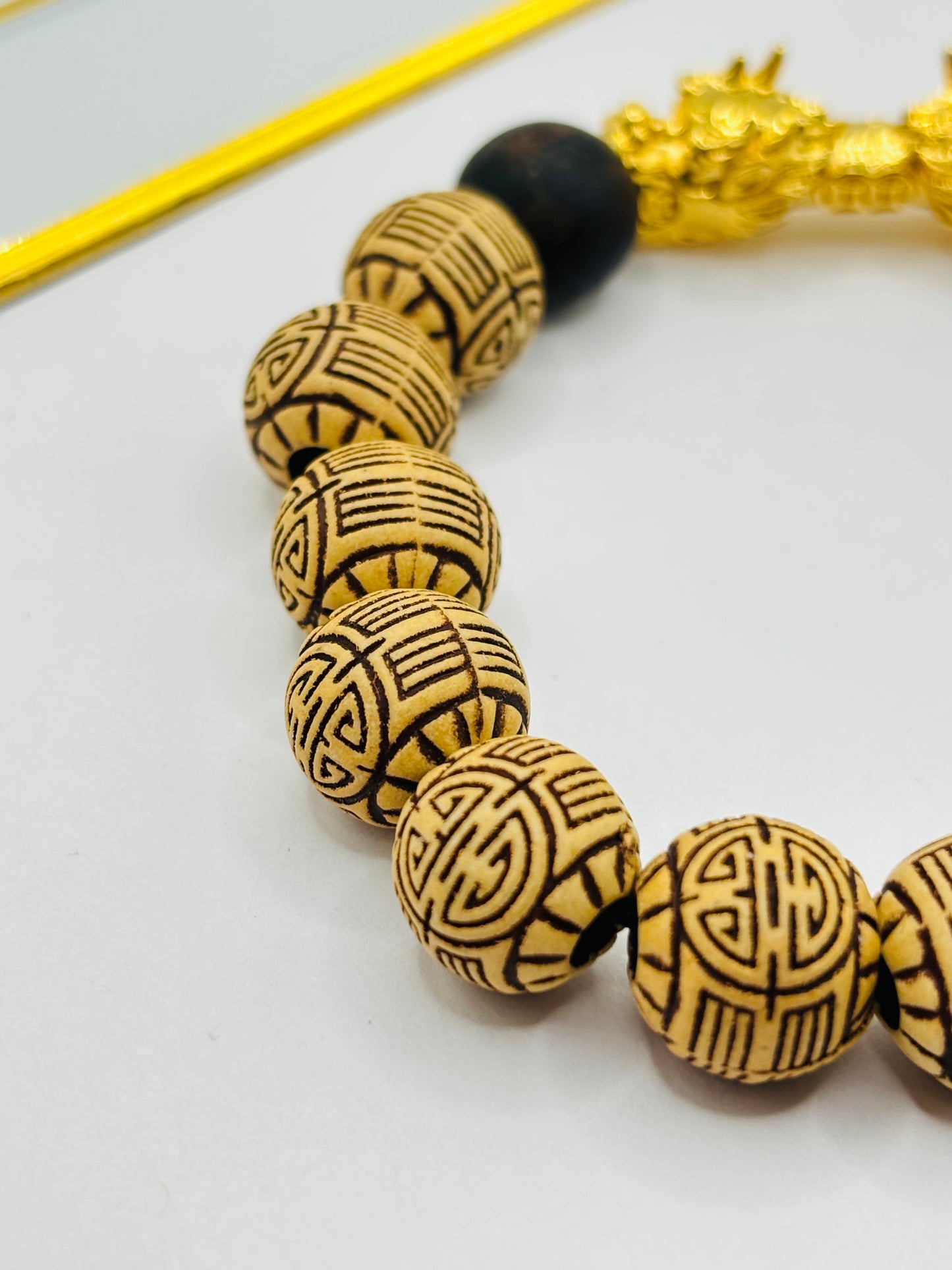 18K Gold  Lucky Dragon Bracelet ( Hollow Empty Inside)  Natural Carved Wood XXL