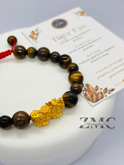 18K Gold Lucky Piyao/ Pi Xiu  Bracelet Tiger Eye Dragon Stone( Hollow Empty Inside) Extra Large Matte