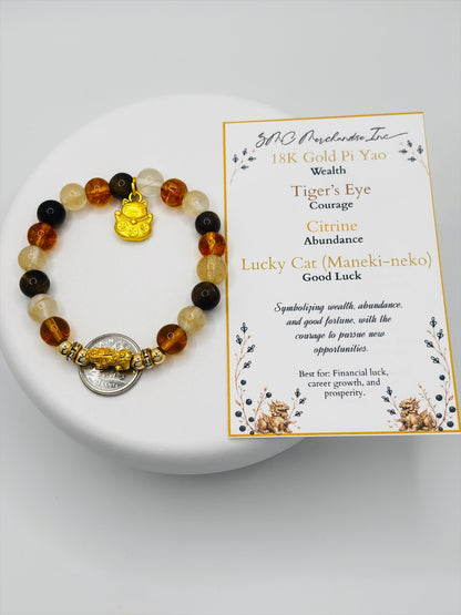 18K Gold Lucky Piyao/ Pi Xiu Citrine, Tiger Eye Bracelet ( Hollow Empty Inside) SMALL PIYAO
