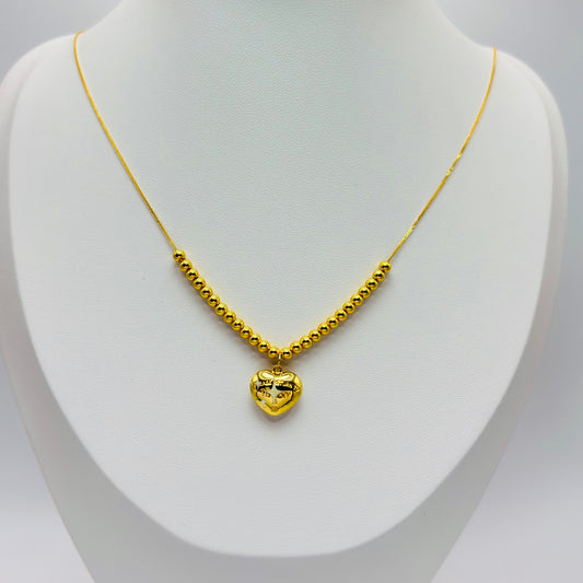 18K Gold Running Ball & Heart Charm Necklace